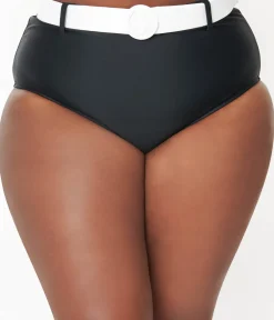Unique Vintage Two Piece Swim|Swim Bottoms>Plus Size Black & White Belted Swim Bottoms