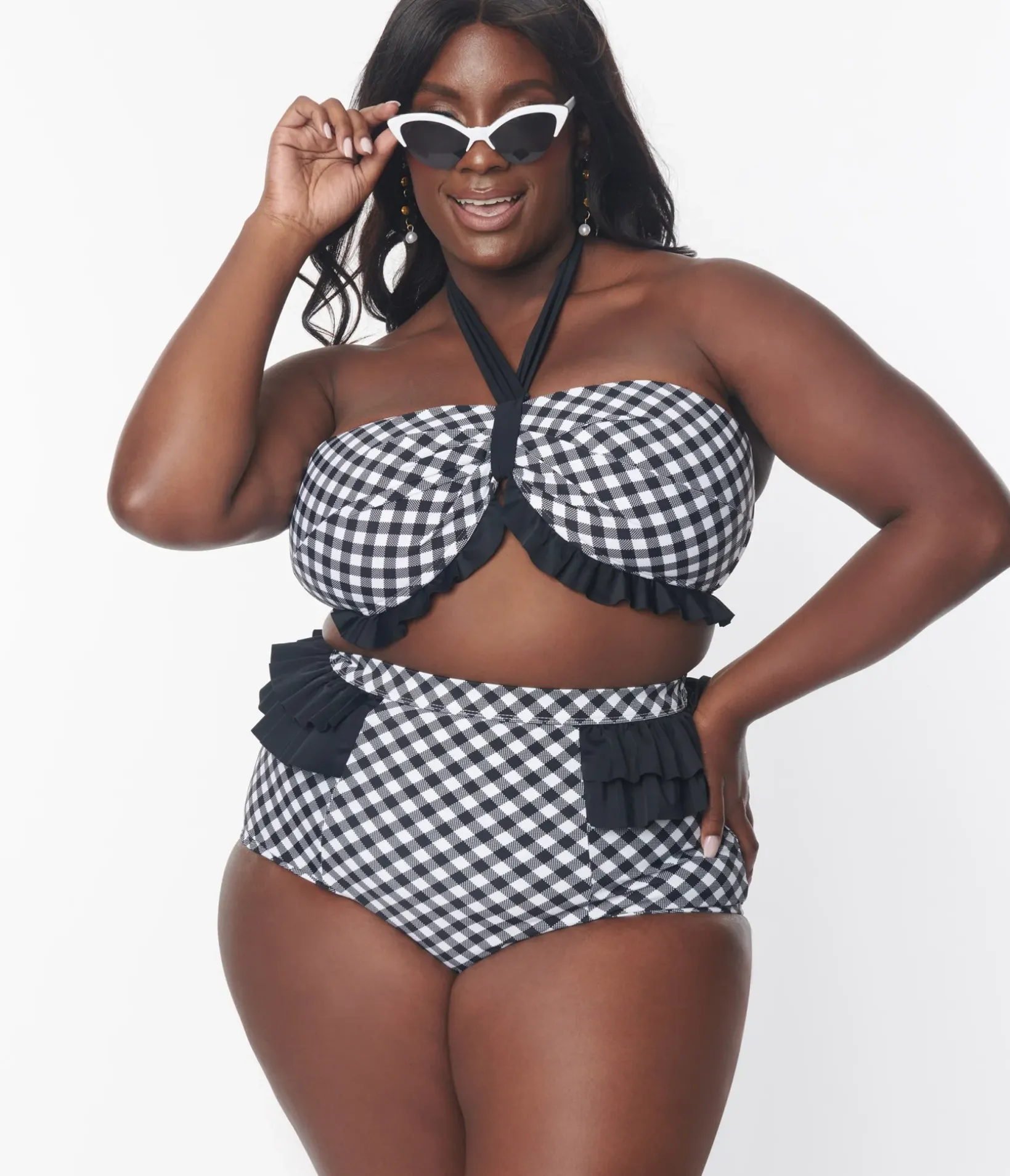 Unique Vintage Two Piece Swim|Swim Tops>Plus Size Black & White Bias Gingham Twist Front Halter Swim Top