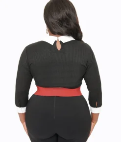 Unique Vintage Sweaters & Cardigans|Sweaters & Cardigans>Plus Size Black & White Candy Cane Print Contrast Sabrina Sweater
