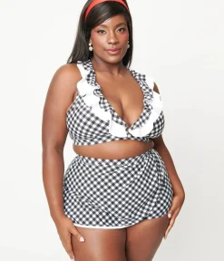 Unique Vintage Two Piece Swim|Swim Bottoms>Plus Size Black & White Gingham High Waist Skort Swim Bottom