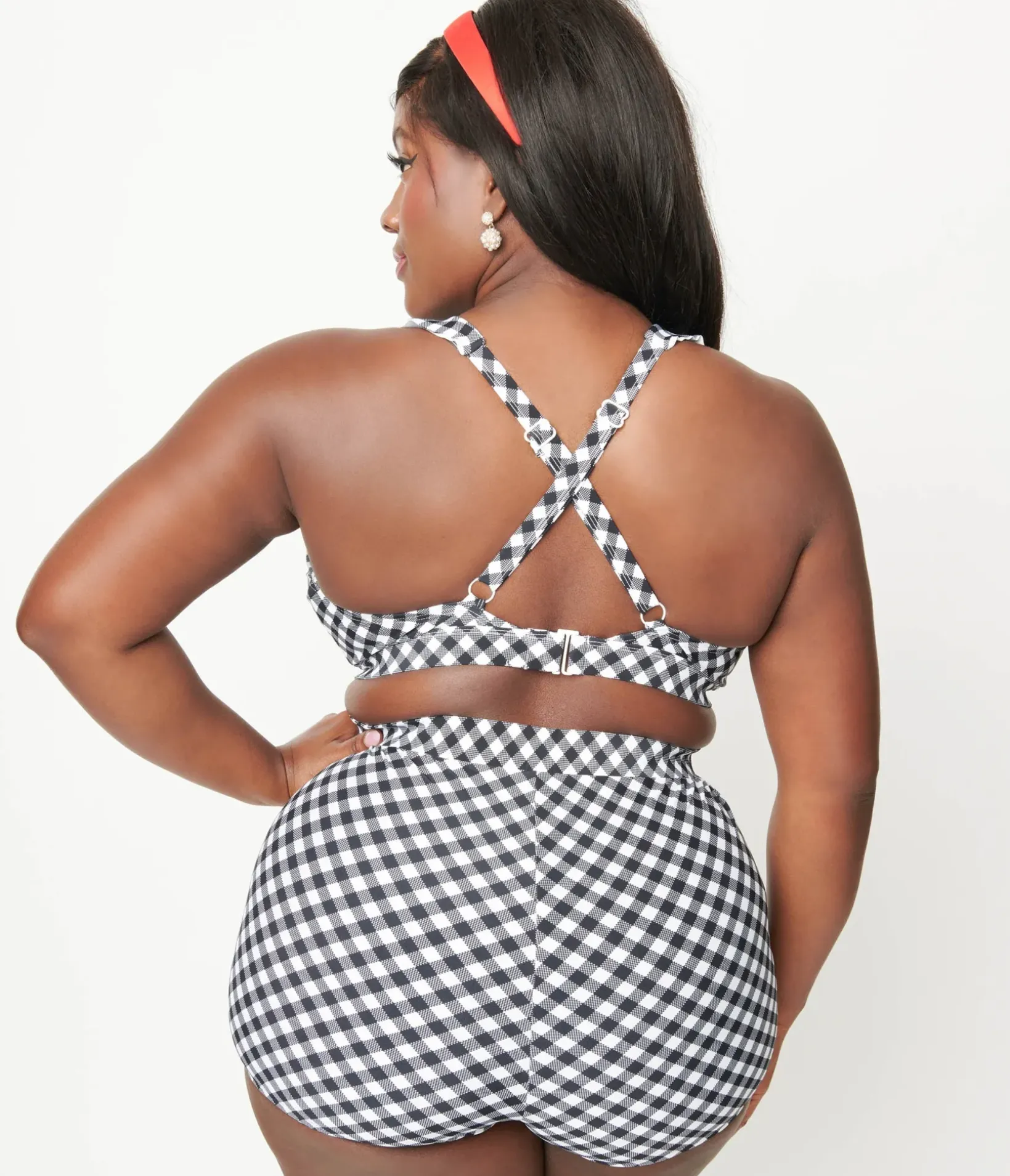 Unique Vintage Two Piece Swim|Swim Bottoms>Plus Size Black & White Gingham High Waist Skort Swim Bottom