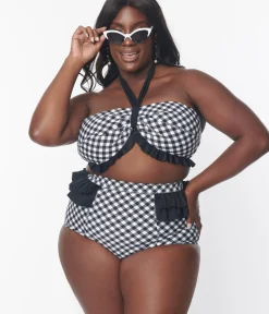 Unique Vintage Two Piece Swim|Swim Bottoms>Plus Size Black & White Gingham Ruffle Swim Bottom