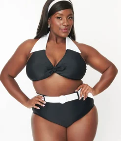 Unique Vintage Two Piece Swim|Swim Tops>Plus Size Black & White Halter Swim Top