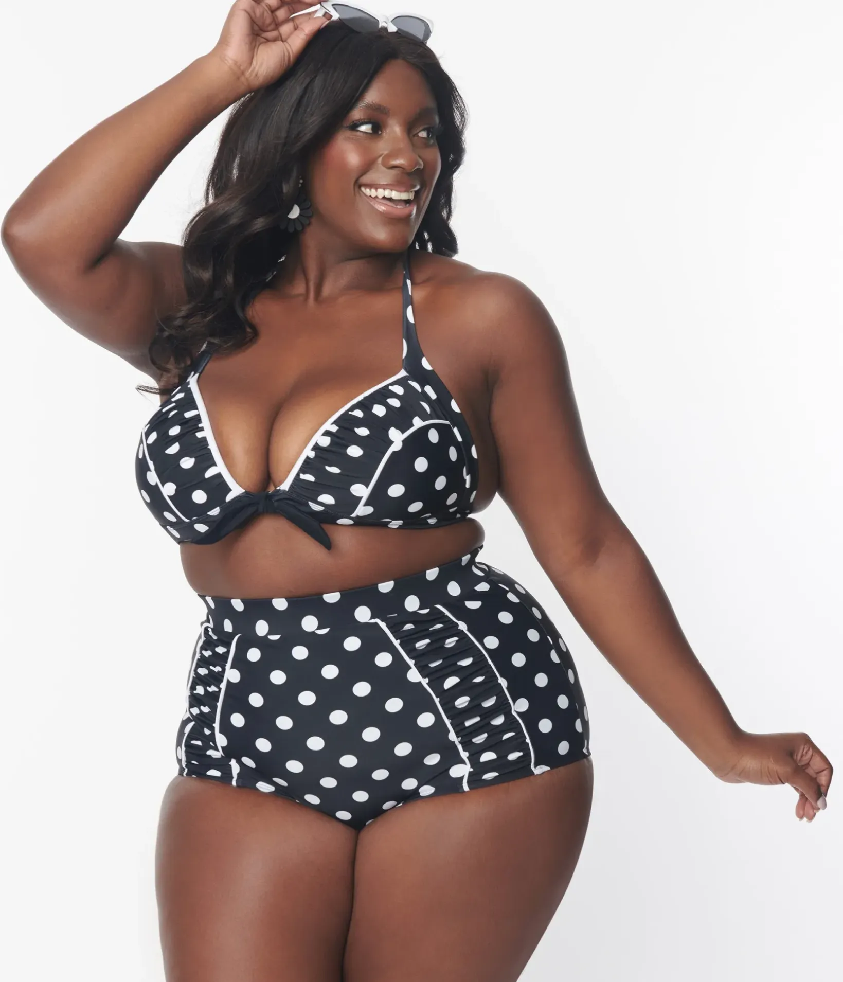 Unique Vintage Swim Tops|Plus Size Swim>Plus Size Black & White Polka Dot Halter Swim Top