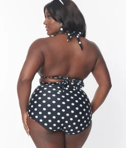 Unique Vintage Swim Tops|Plus Size Swim>Plus Size Black & White Polka Dot Halter Swim Top