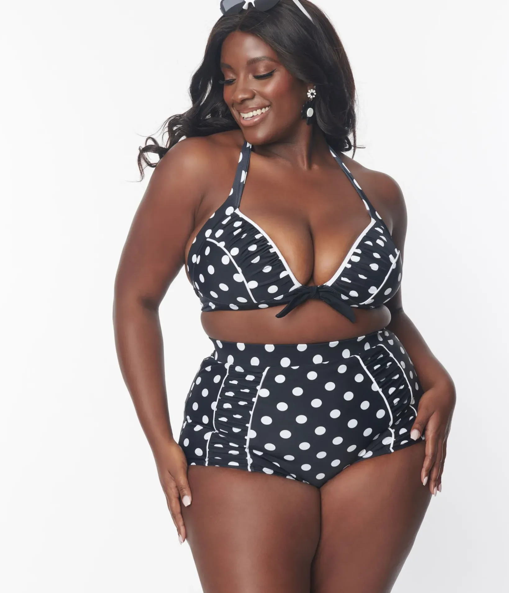 Unique Vintage Swim Tops|Plus Size Swim>Plus Size Black & White Polka Dot Halter Swim Top