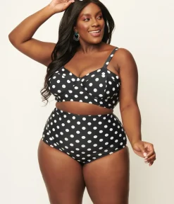 Unique Vintage Two Piece Swim|Swim Bottoms>Plus Size Black & White Polka Dot High Waist Louise Swim Bottoms