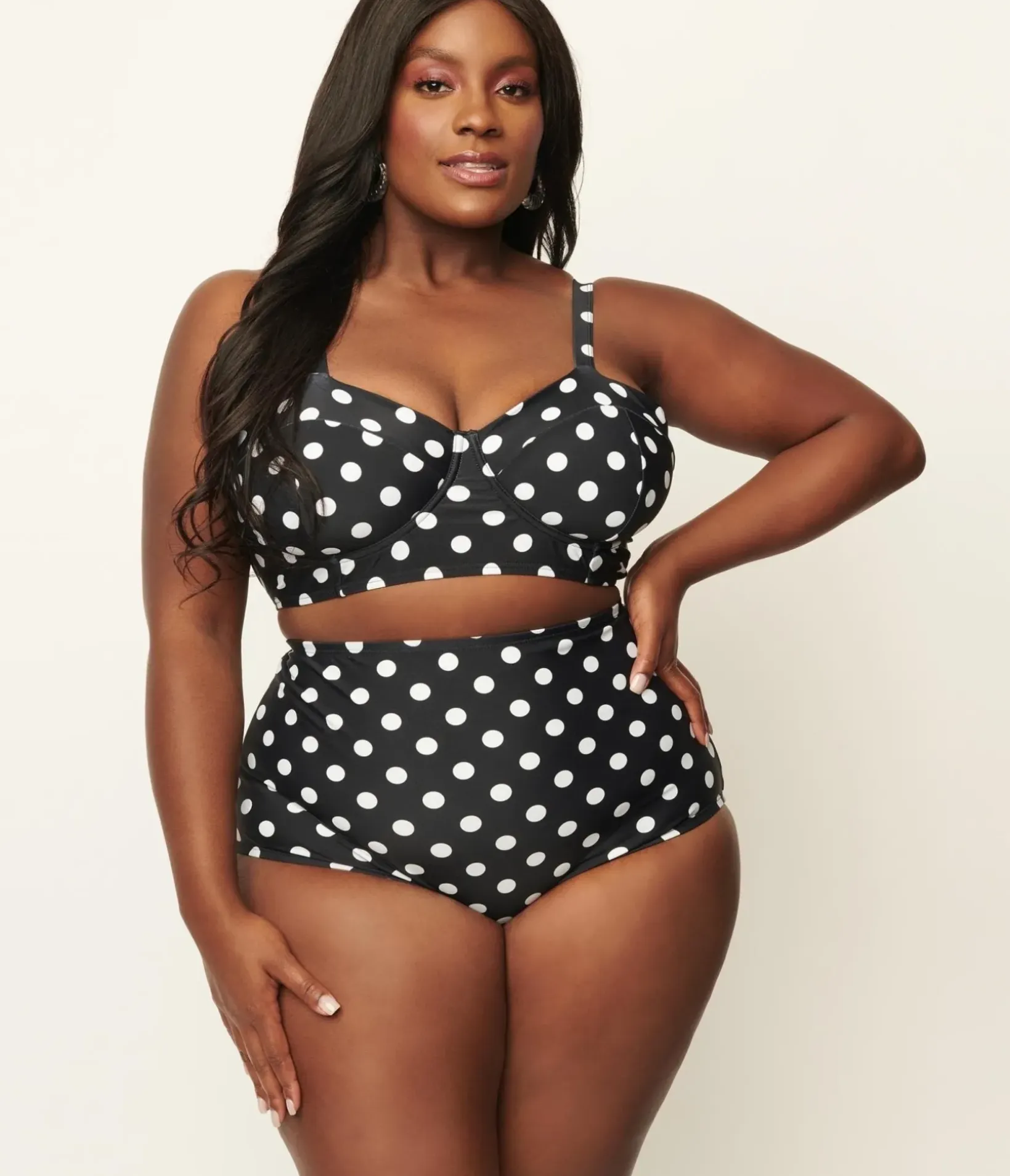 Unique Vintage Two Piece Swim|Swim Bottoms>Plus Size Black & White Polka Dot High Waist Louise Swim Bottoms