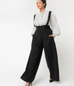 Unique Vintage Pants|Pants>Plus Size Black Wide Leg Rochelle Suspender Pants