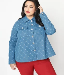 Unique Vintage Jackets|Coats & Jackets>Plus Size Blue Bow Denim Jacket