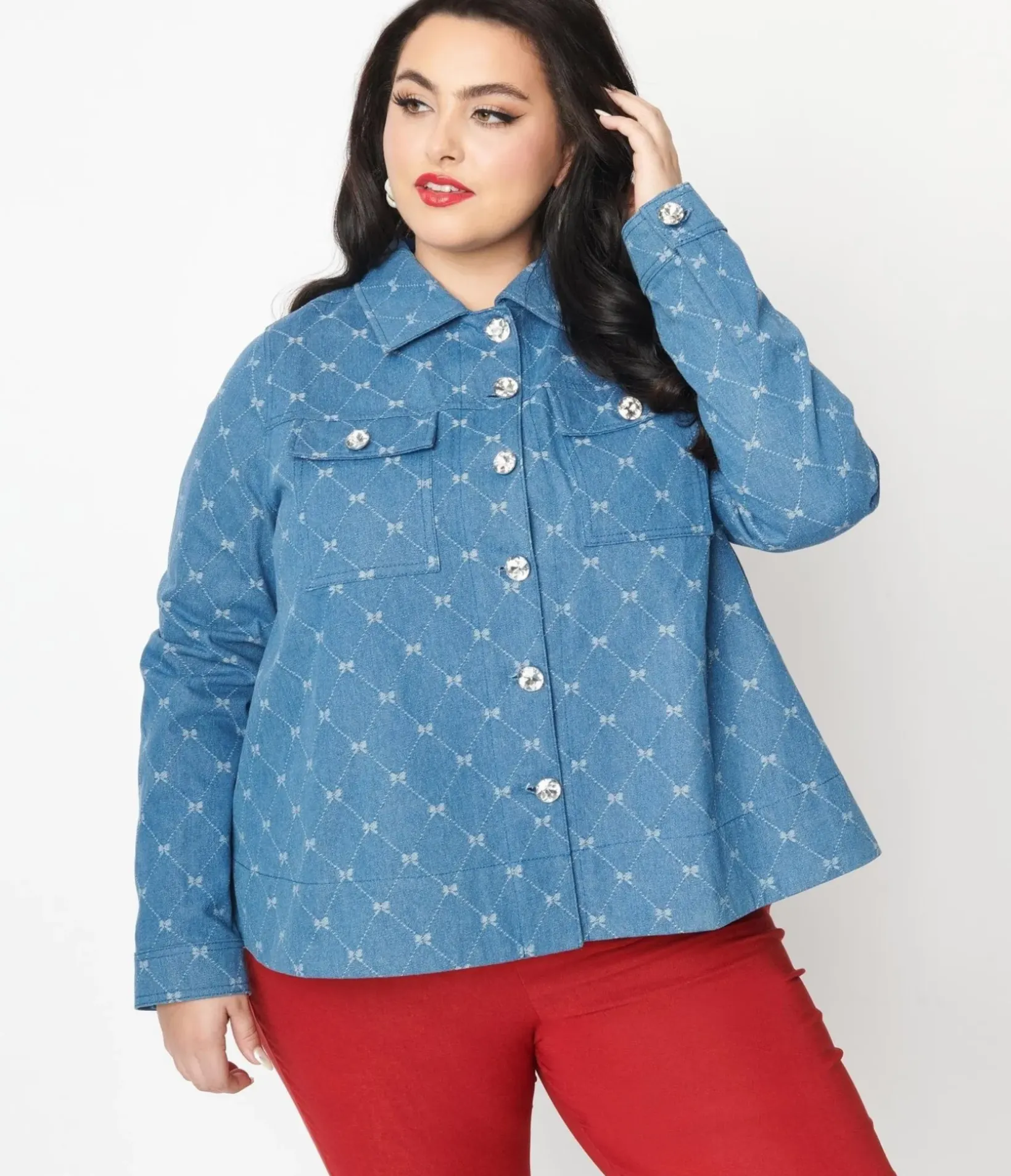Unique Vintage Jackets|Coats & Jackets>Plus Size Blue Bow Denim Jacket