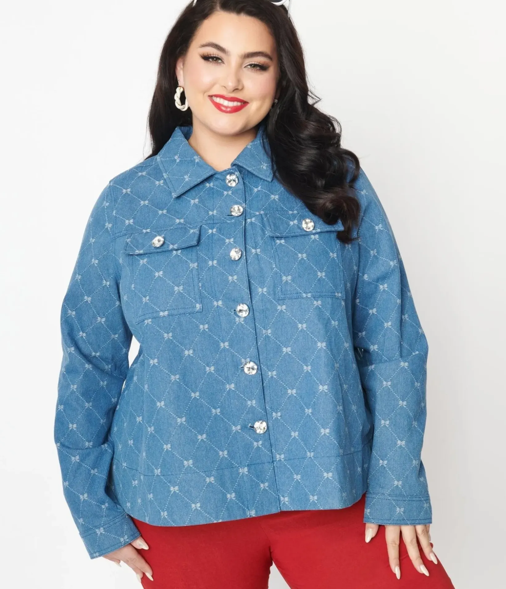 Unique Vintage Jackets|Coats & Jackets>Plus Size Blue Bow Denim Jacket
