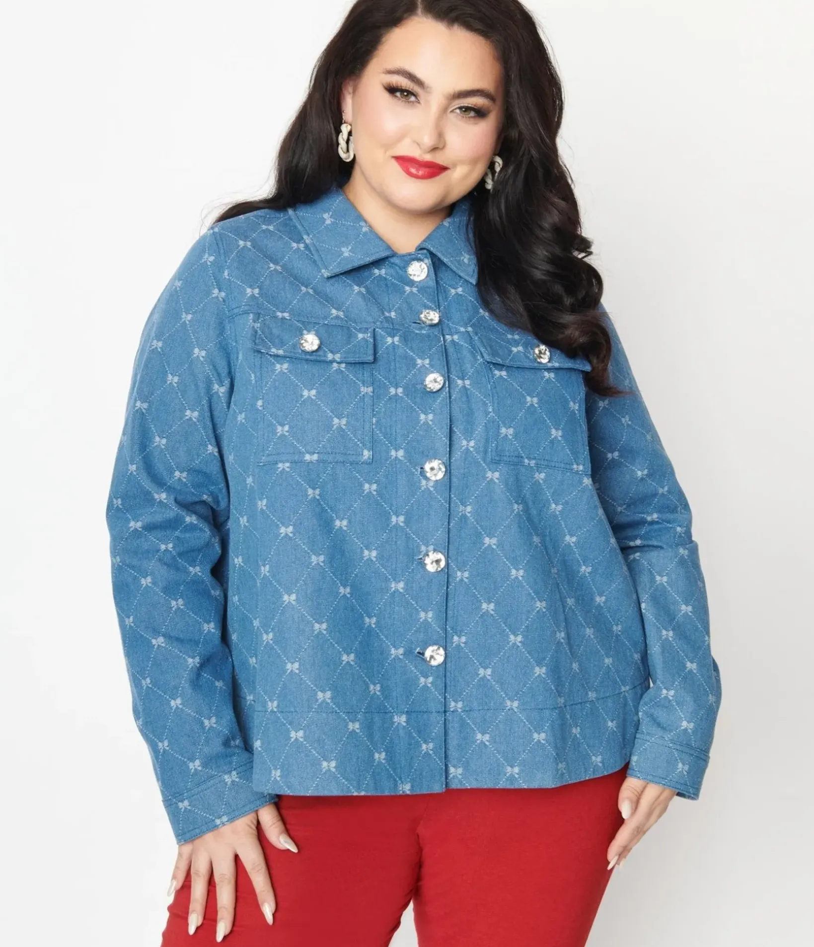 Unique Vintage Jackets|Coats & Jackets>Plus Size Blue Bow Denim Jacket