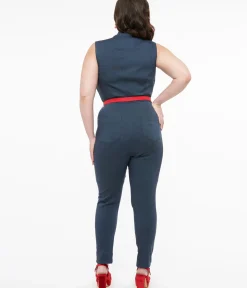 Unique Vintage Rompers & Jumpsuits|Rompers & Jumpsuits>Plus Size Blue Denim & Red Belt Skinny Jumpsuit