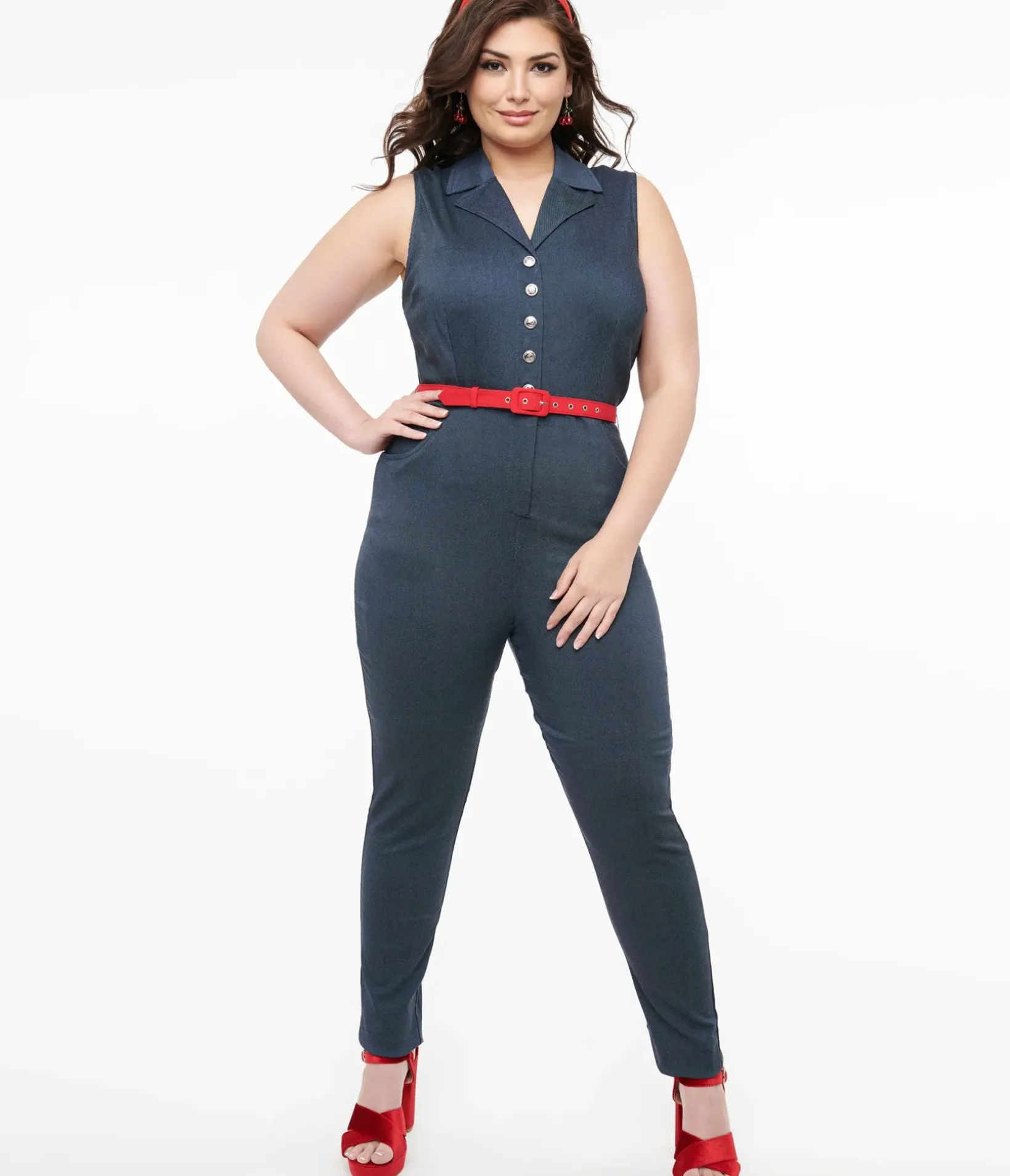 Unique Vintage Rompers & Jumpsuits|Rompers & Jumpsuits>Plus Size Blue Denim & Red Belt Skinny Jumpsuit