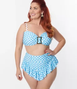 Unique Vintage Two Piece Swim|Swim Tops>Plus Size Blue Gingham Buckle Swim Top
