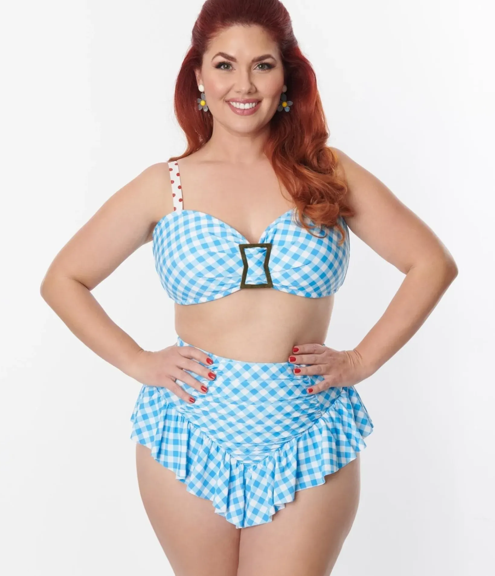 Unique Vintage Two Piece Swim|Swim Tops>Plus Size Blue Gingham Buckle Swim Top