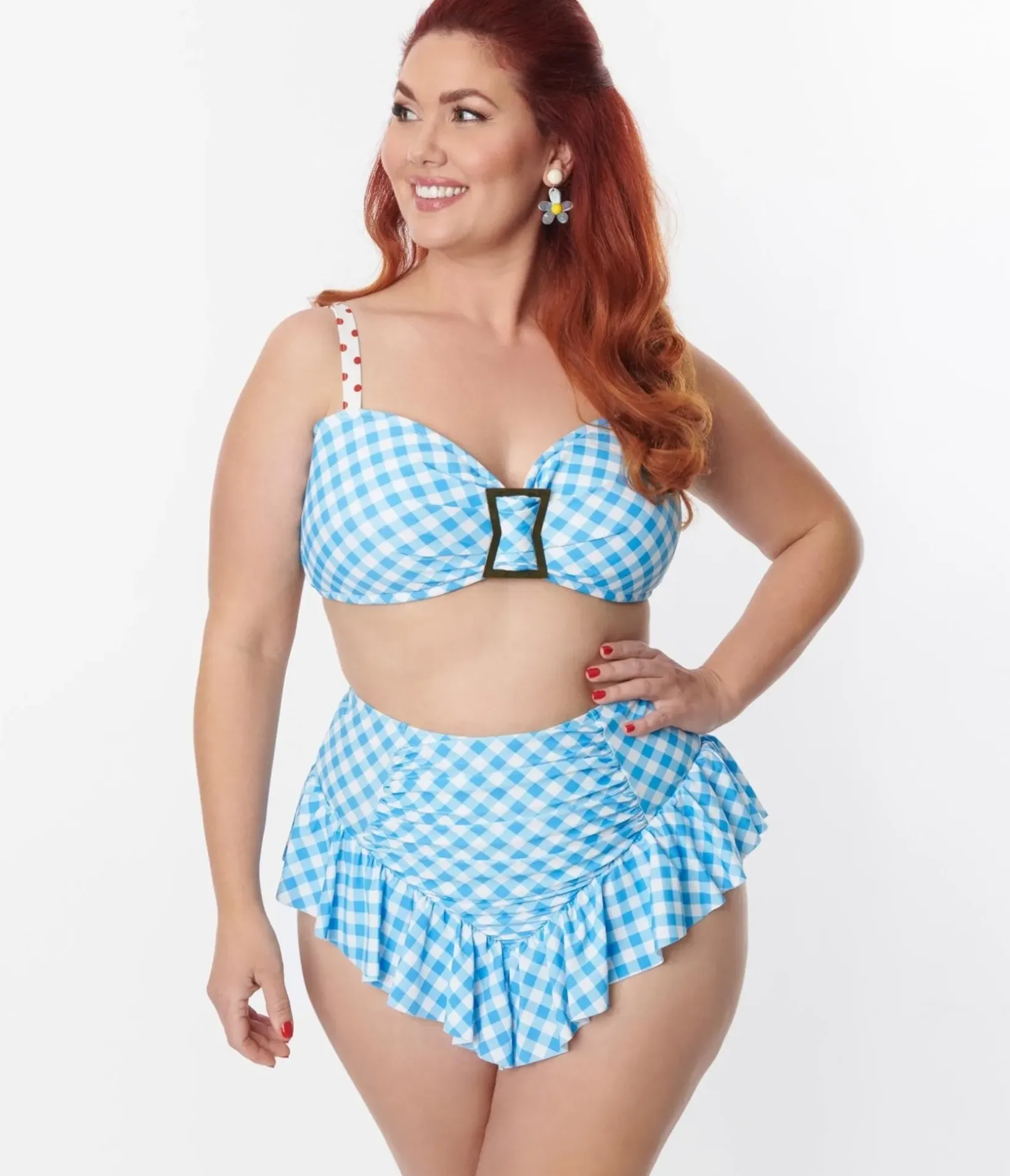 Unique Vintage Two Piece Swim|Swim Tops>Plus Size Blue Gingham Buckle Swim Top