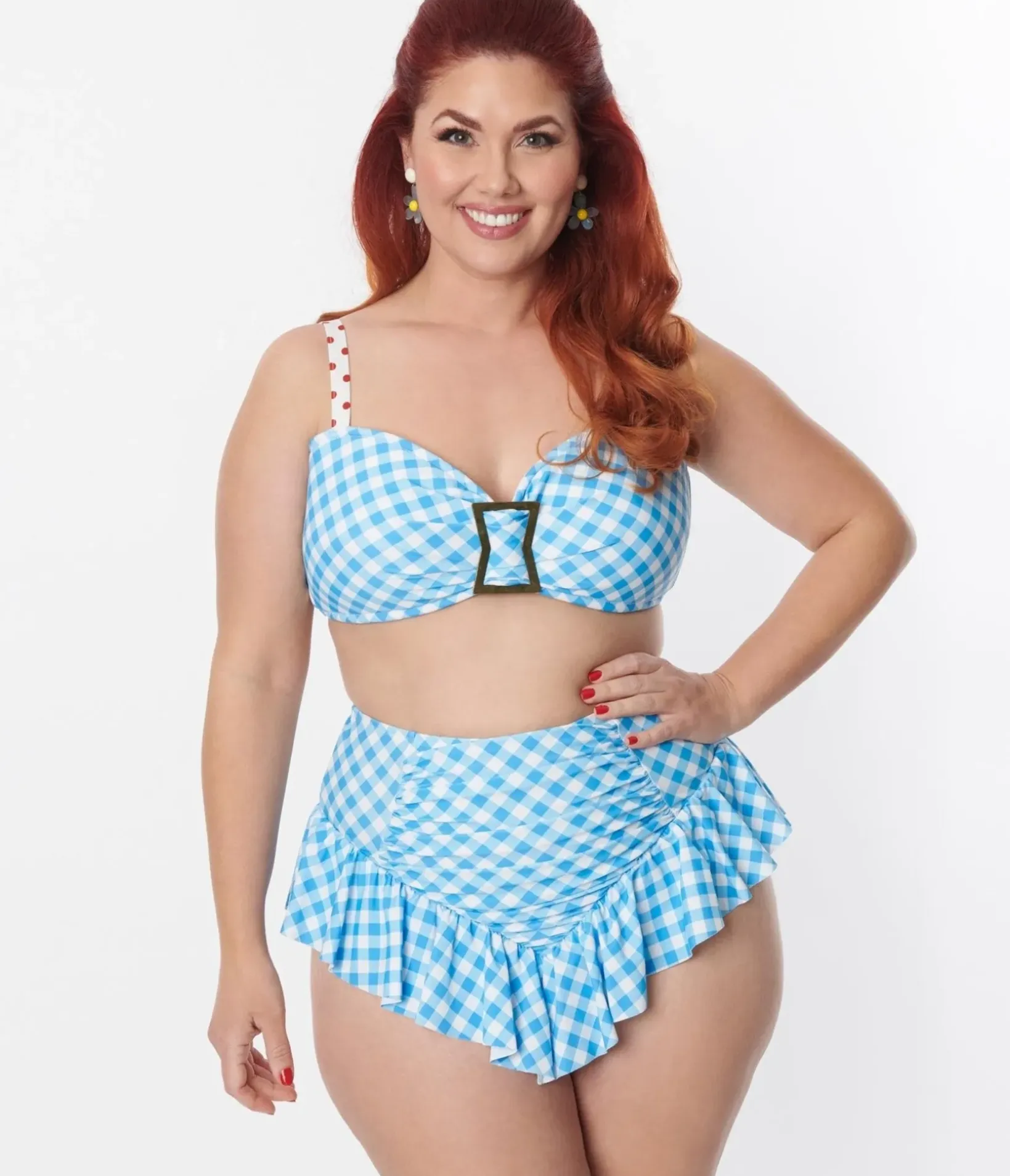 Unique Vintage Two Piece Swim|Swim Tops>Plus Size Blue Gingham Buckle Swim Top