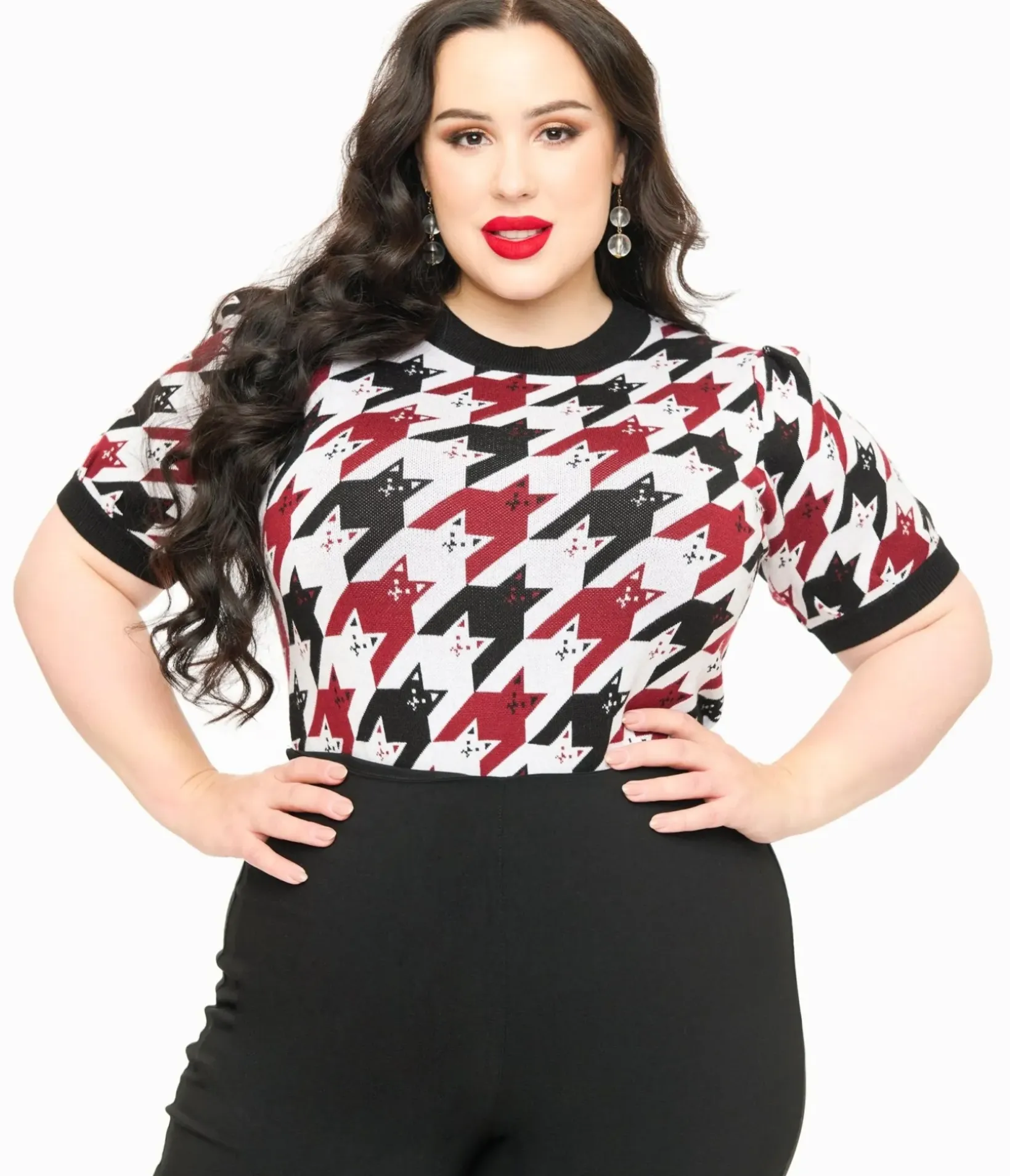 Unique Vintage Sweaters & Cardigans|Sweaters & Cardigans>Plus Size Burgundy & Black Cat Houndstooth Paige Sweater