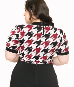 Unique Vintage Sweaters & Cardigans|Sweaters & Cardigans>Plus Size Burgundy & Black Cat Houndstooth Paige Sweater
