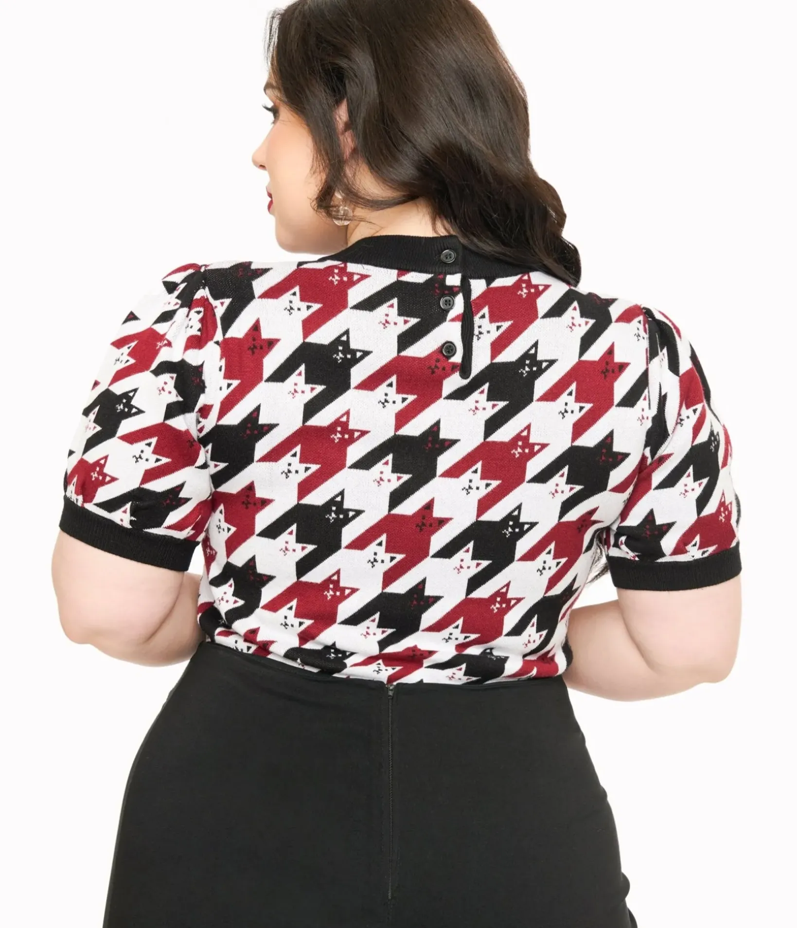 Unique Vintage Sweaters & Cardigans|Sweaters & Cardigans>Plus Size Burgundy & Black Cat Houndstooth Paige Sweater