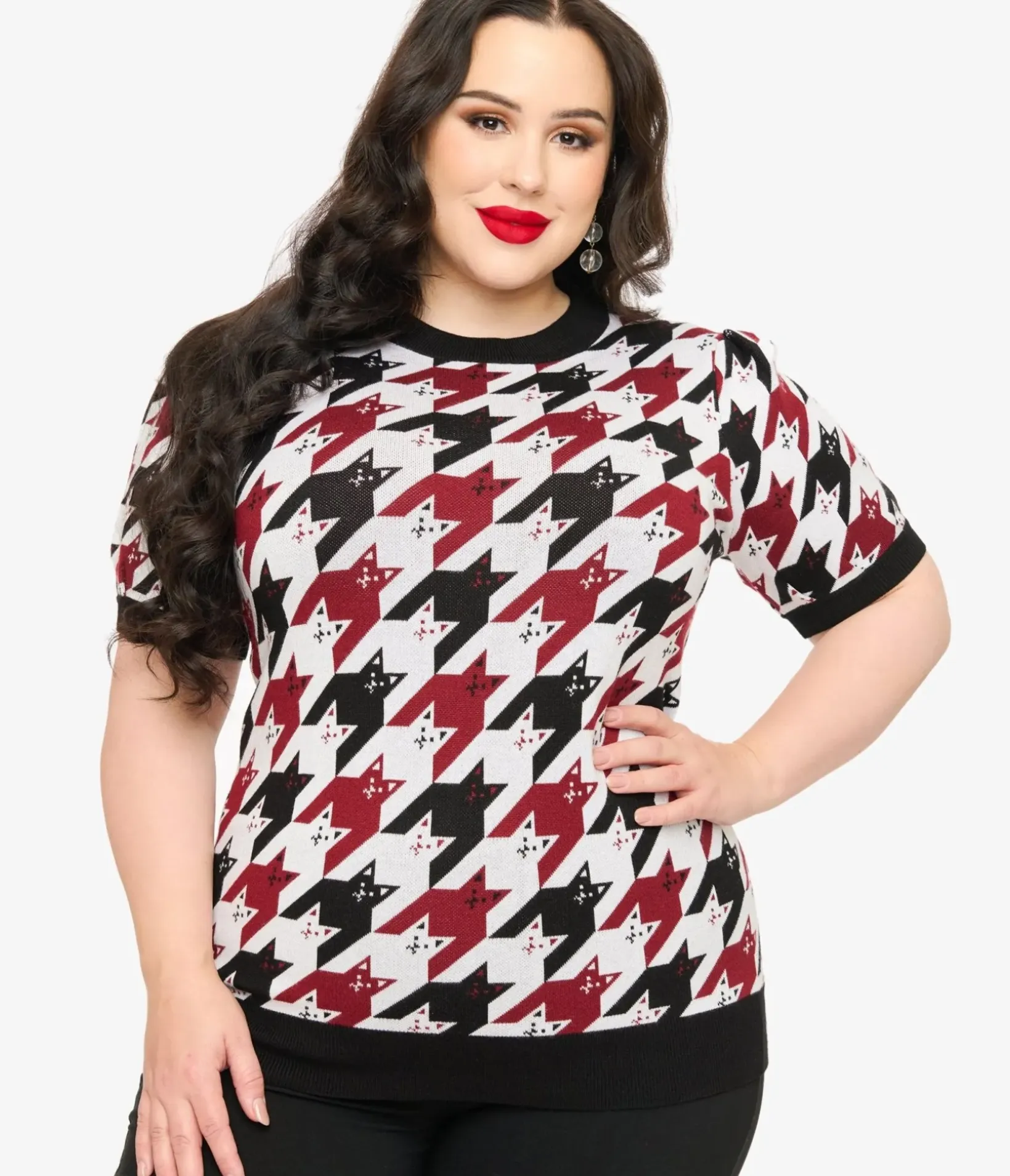 Unique Vintage Sweaters & Cardigans|Sweaters & Cardigans>Plus Size Burgundy & Black Cat Houndstooth Paige Sweater