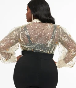 Unique Vintage Blouses|Blouses>Plus Size Champagne Celestial Sequin Sheer Gwen Blouse