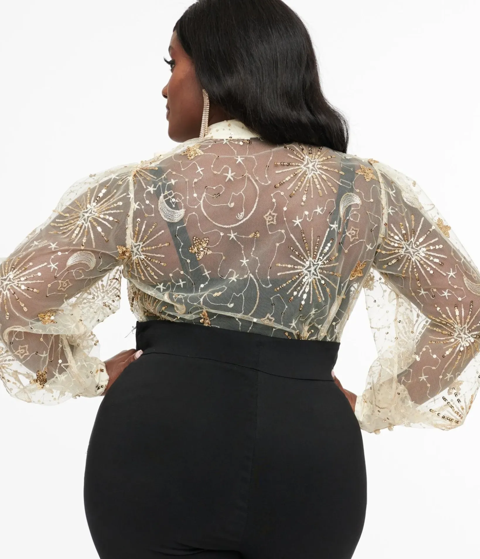 Unique Vintage Blouses|Blouses>Plus Size Champagne Celestial Sequin Sheer Gwen Blouse