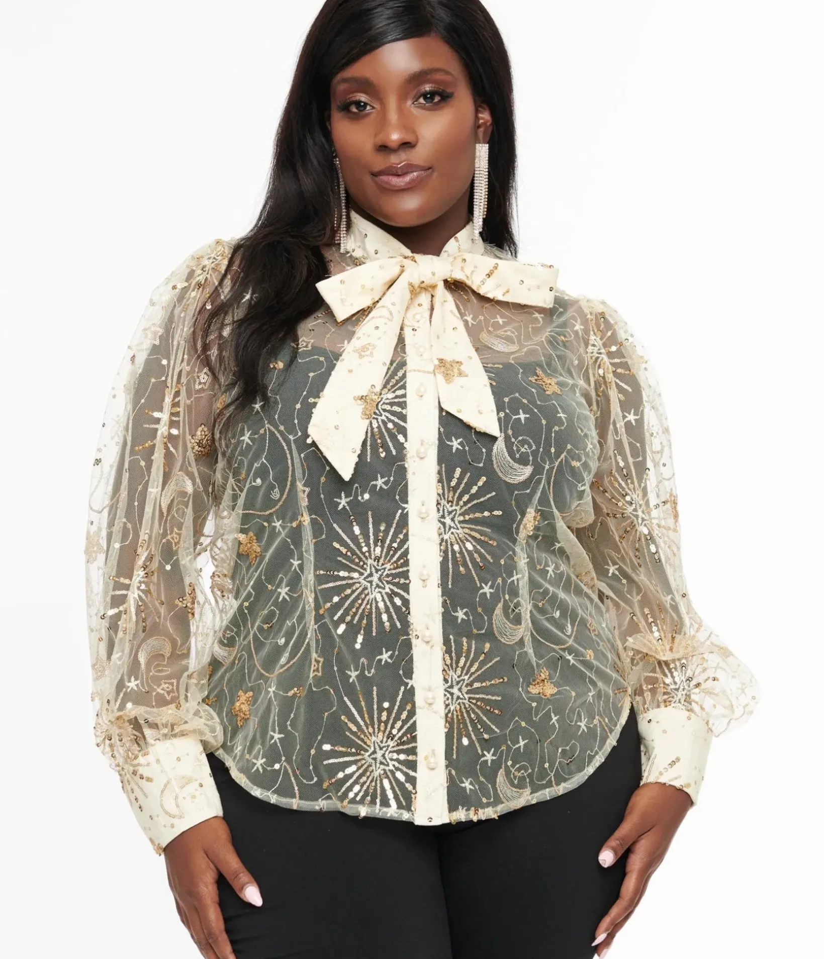 Unique Vintage Blouses|Blouses>Plus Size Champagne Celestial Sequin Sheer Gwen Blouse