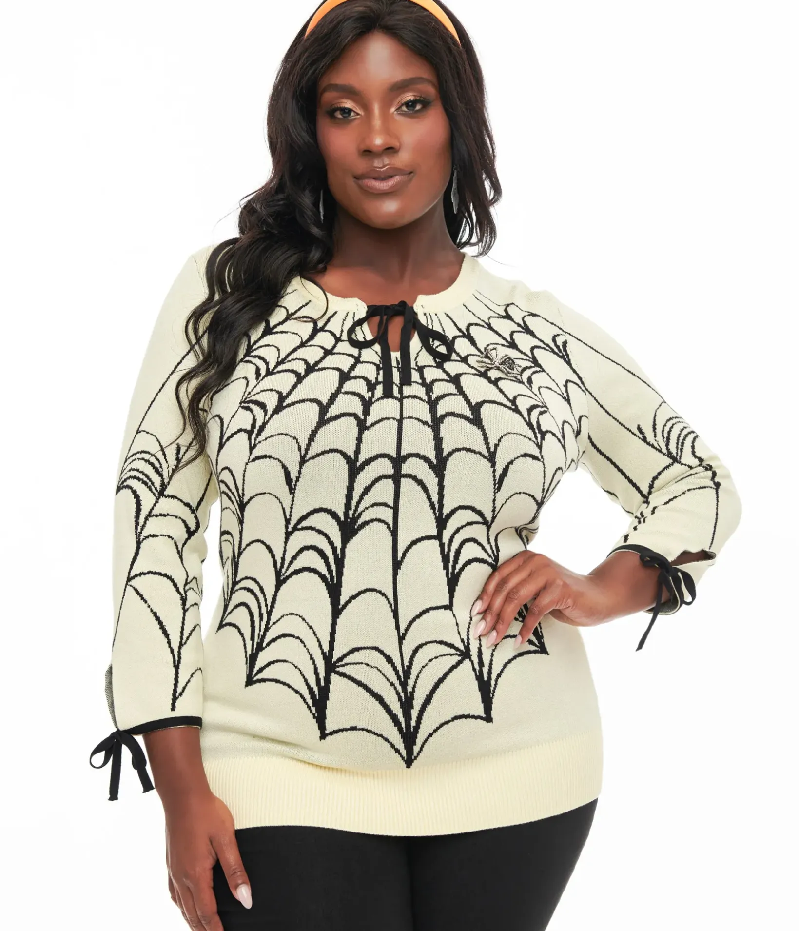 Unique Vintage Sweaters & Cardigans|Sweaters & Cardigans>Plus Size Cream & Black Spiderweb Keyhole Sweater