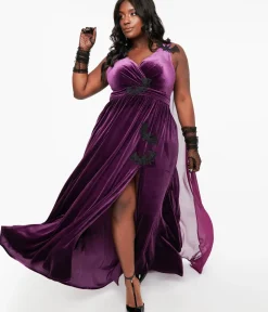 Unique Vintage Everyday Dresses|Halloween>Plus Size Eggplant & Black Bat Velvet Cape Gown