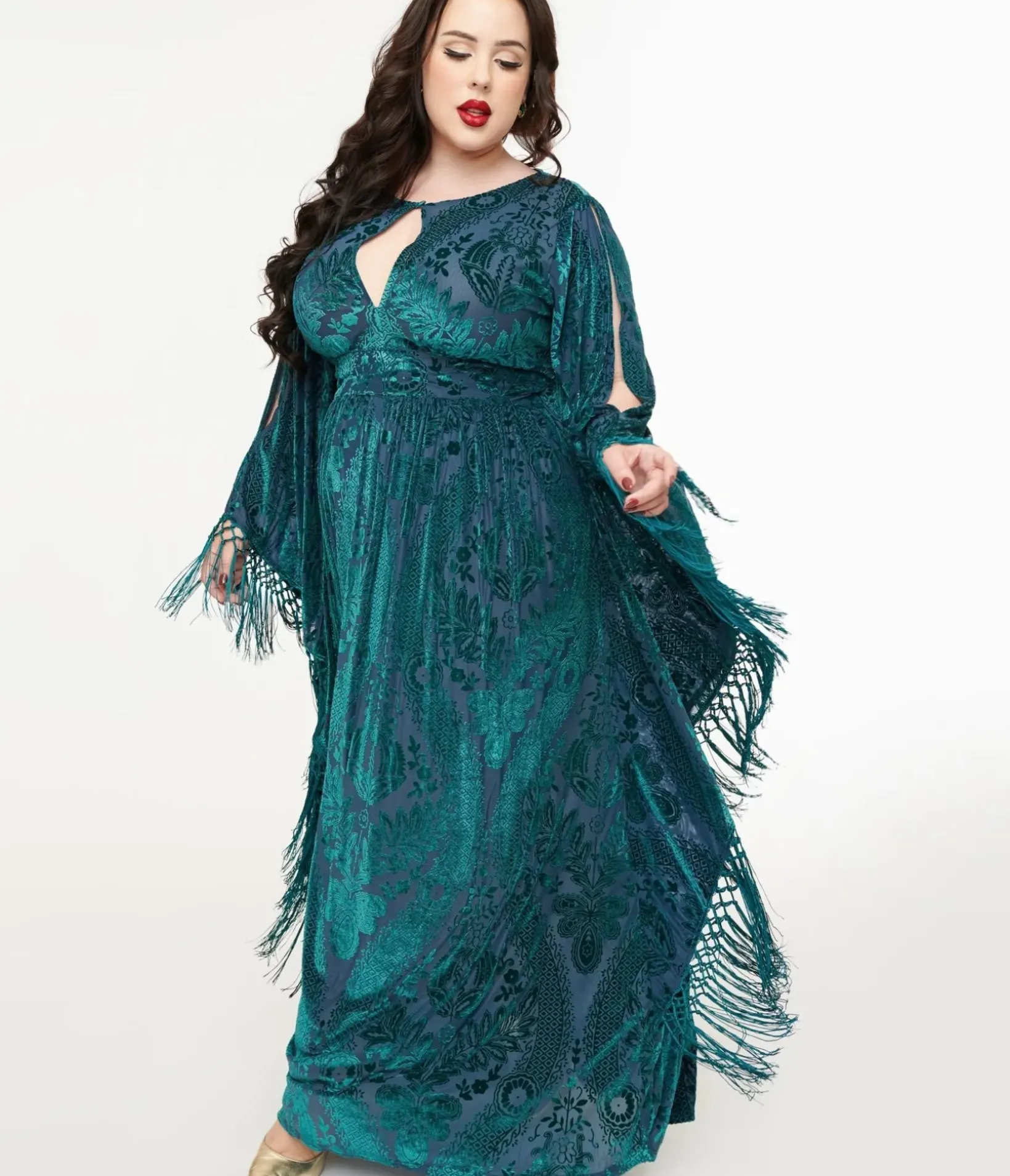 Unique Vintage Maxi|Caftans>Plus Size Emerald Floral Fringe Flutter Sleeve Caftan