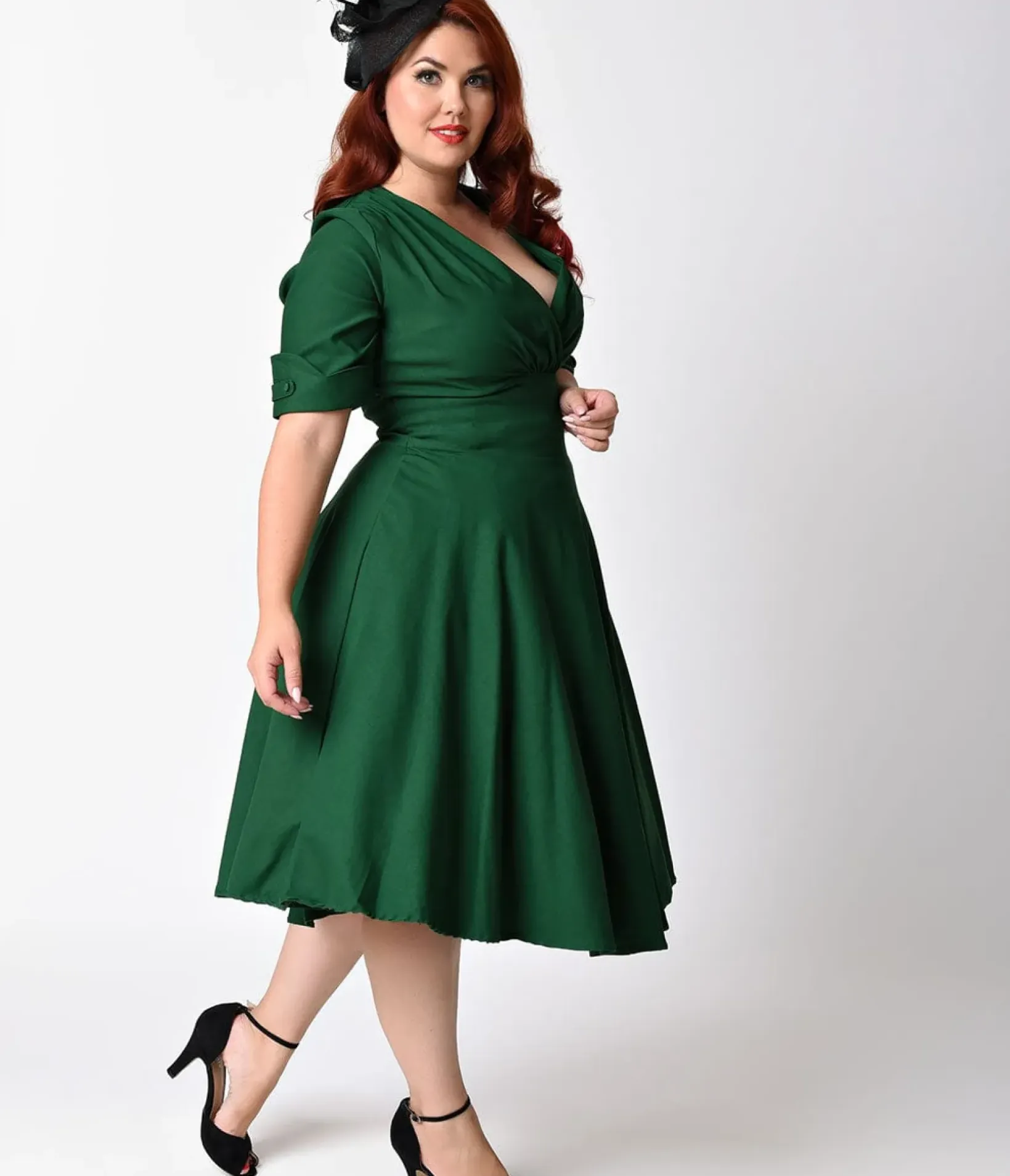 Unique Vintage Swing|Pocket Dresses>Plus Size Emerald Green Delores Swing Dress with Sleeves