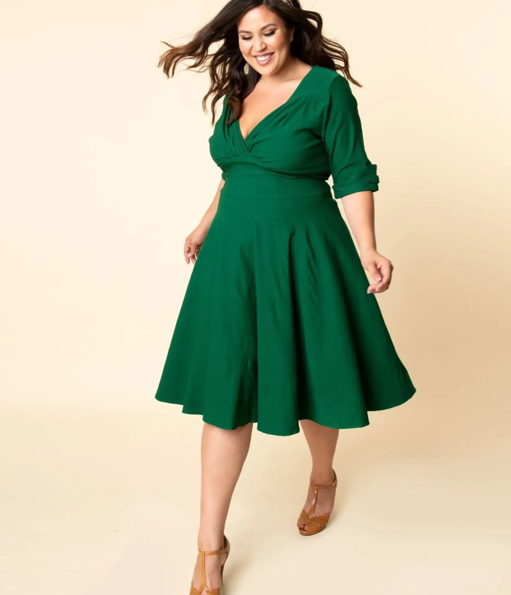 Unique Vintage Swing|Pocket Dresses>Plus Size Emerald Green Delores Swing Dress with Sleeves