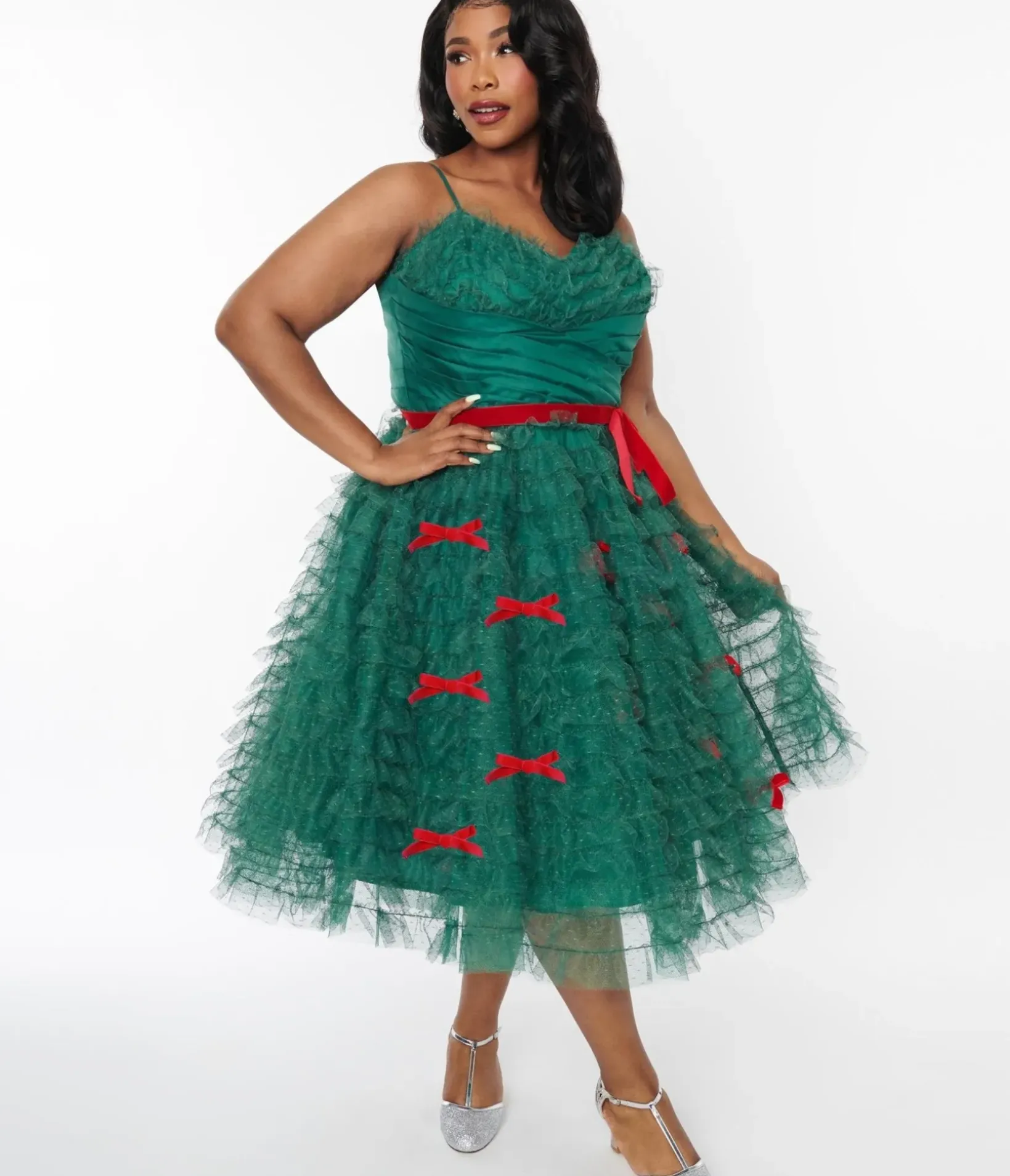 Unique Vintage Swing|Swing>Plus Size Emerald Green & Red Ribbon Tulle Cupcake Swing Dress