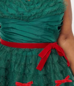 Unique Vintage Swing|Swing>Plus Size Emerald Green & Red Ribbon Tulle Cupcake Swing Dress