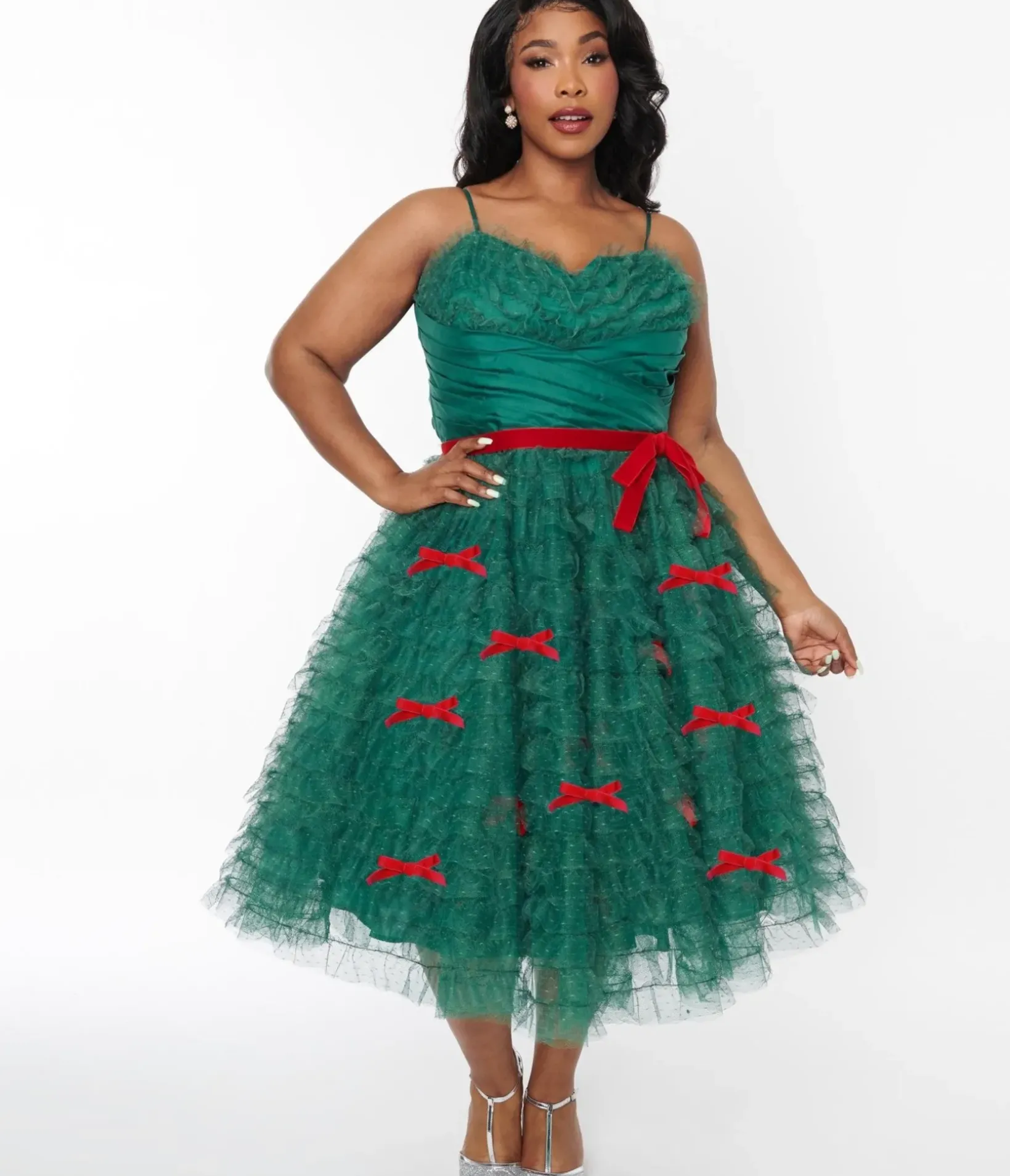 Unique Vintage Swing|Swing>Plus Size Emerald Green & Red Ribbon Tulle Cupcake Swing Dress