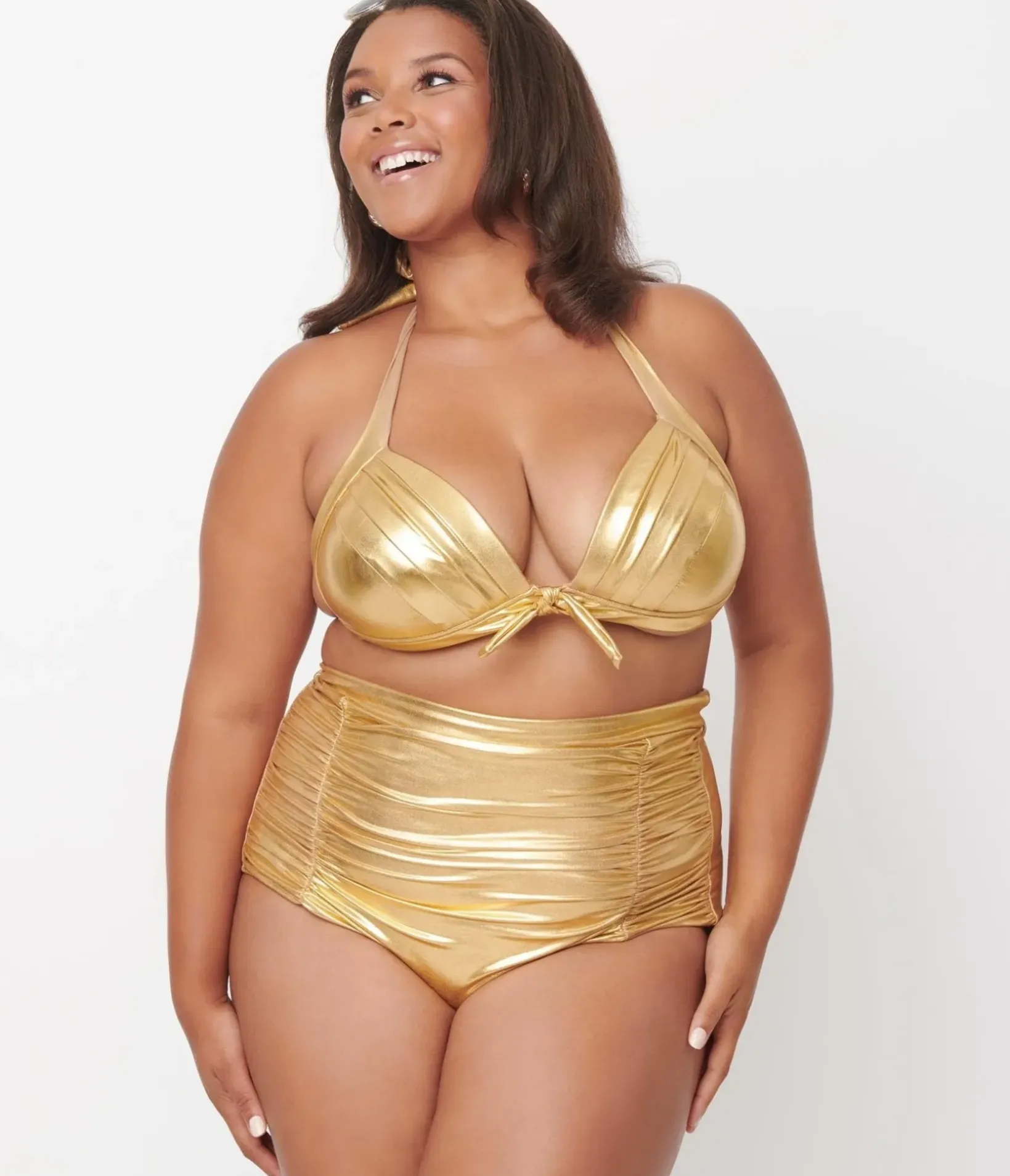 Unique Vintage Swim Tops|Two Piece Swim>Plus Size Gold Monroe Halter Swim Top