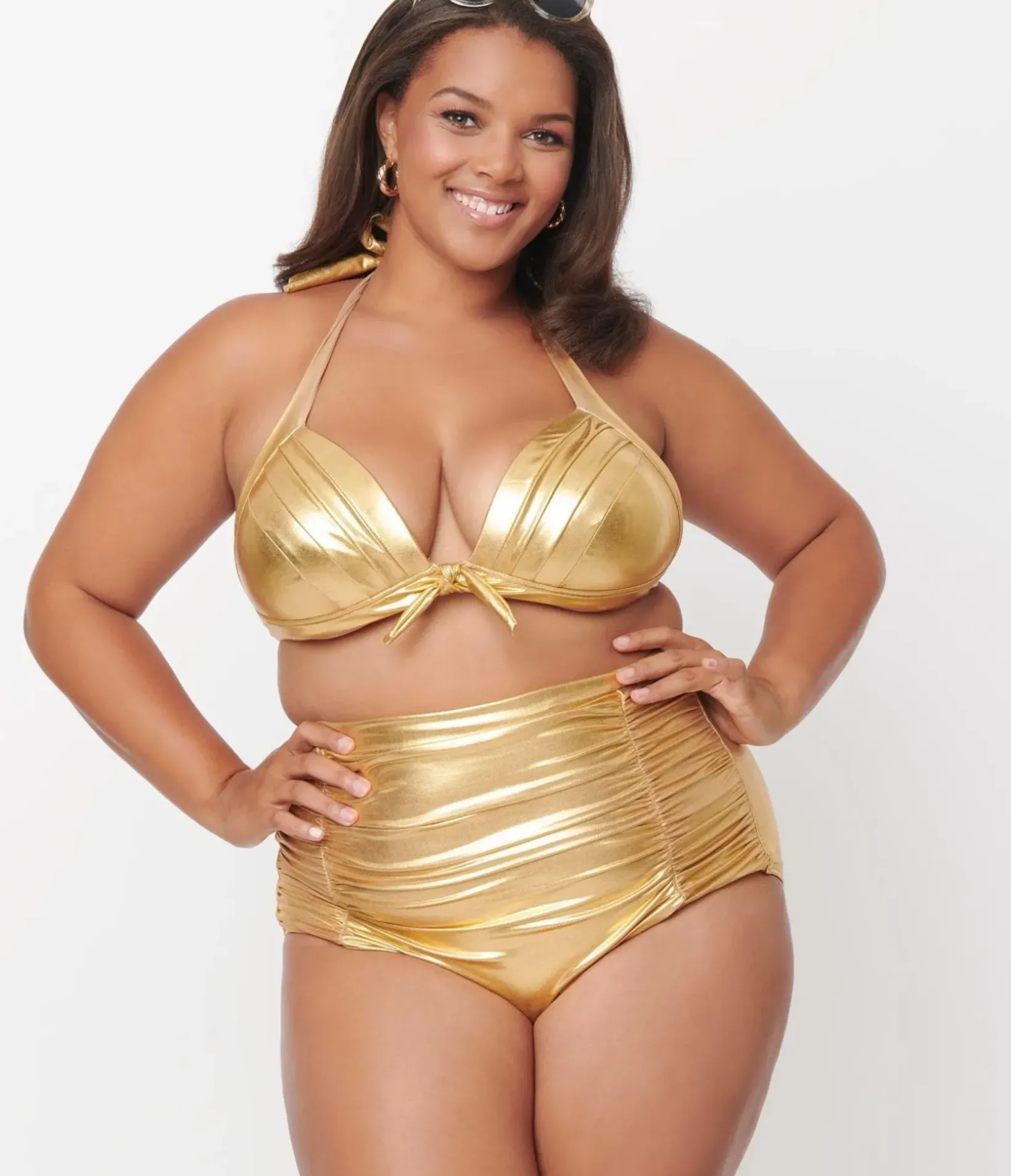 Unique Vintage Swim Tops|Two Piece Swim>Plus Size Gold Monroe Halter Swim Top