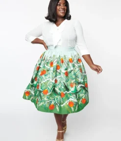 Unique Vintage Skirts|Skirts>Plus Size Green Evergreen & Red Ornaments Swing Skirt