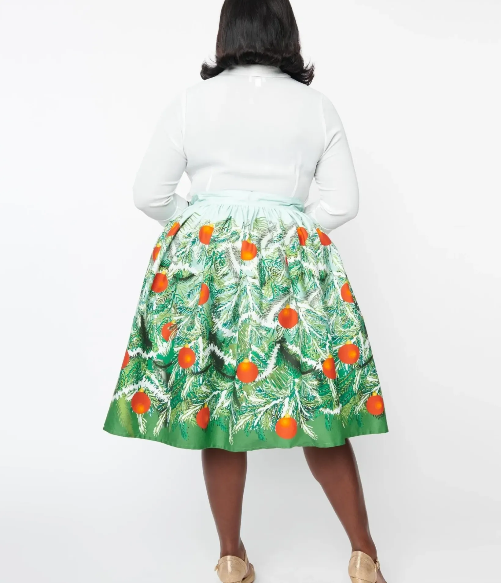 Unique Vintage Skirts|Skirts>Plus Size Green Evergreen & Red Ornaments Swing Skirt