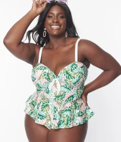 Unique Vintage Two Piece Swim|Swim Bottoms>Plus Size Green Monstera Print Daphne Swim Bottoms