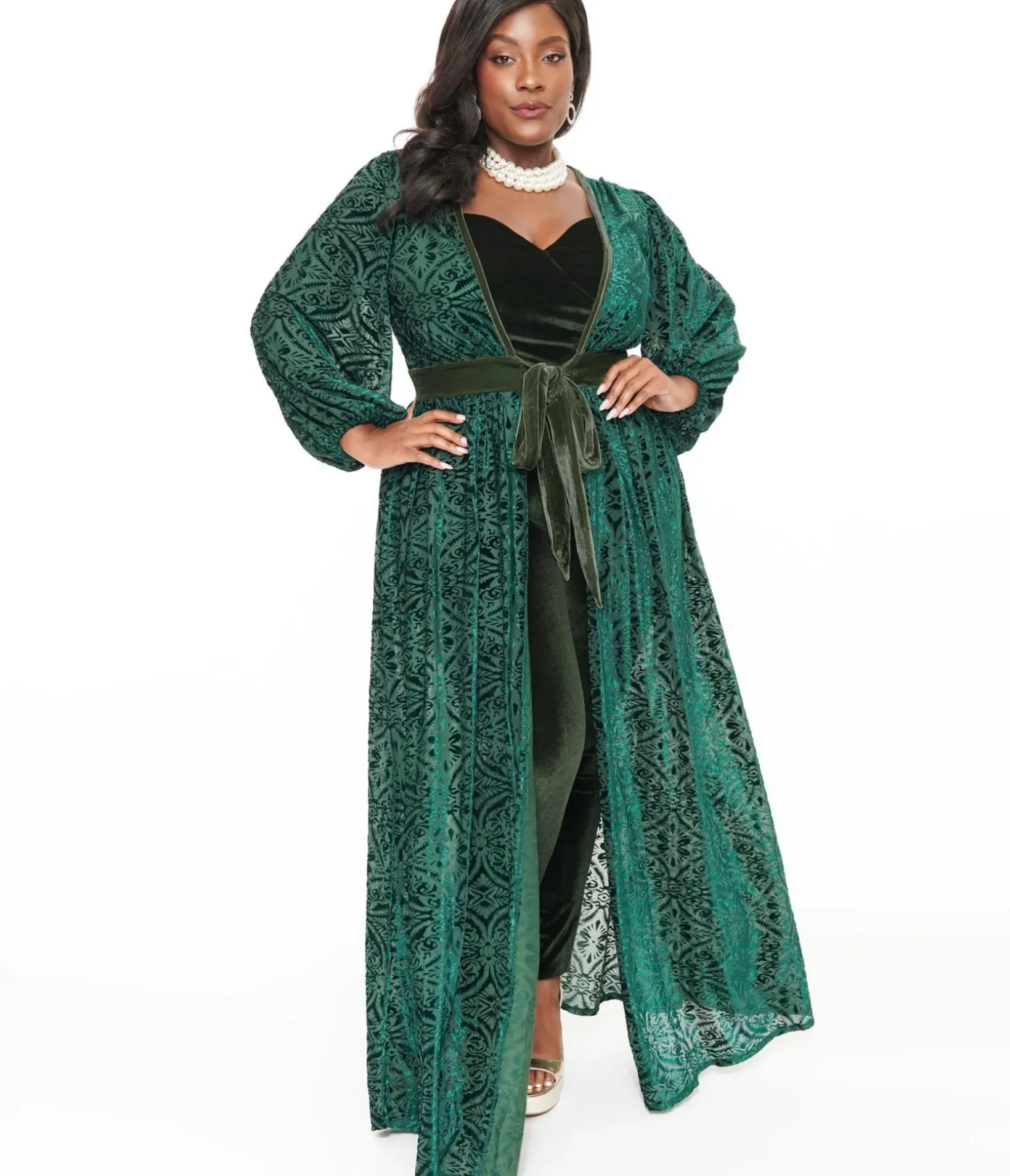 Unique Vintage Maxi|Midi & Maxi>Plus Size Green Velvet Burnout Hollywood Duster