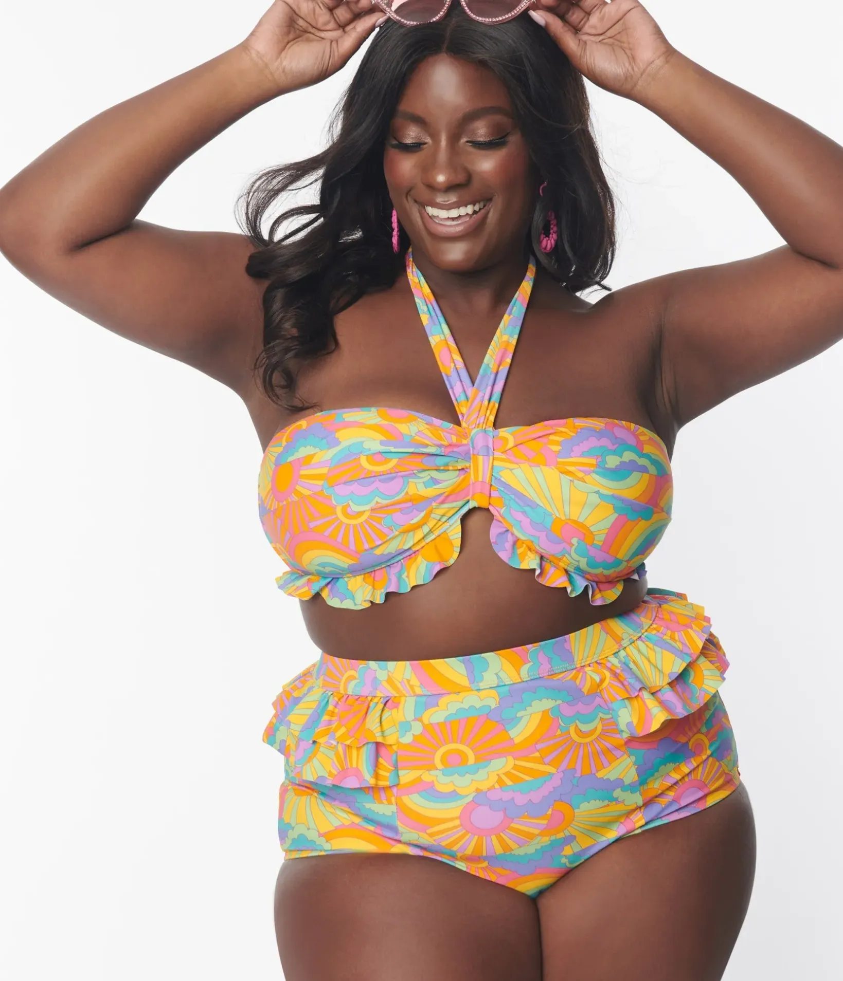 Unique Vintage Two Piece Swim|Swim Tops>Plus Size Happy Groovy Rainbow Twist Front Halter Swim Top