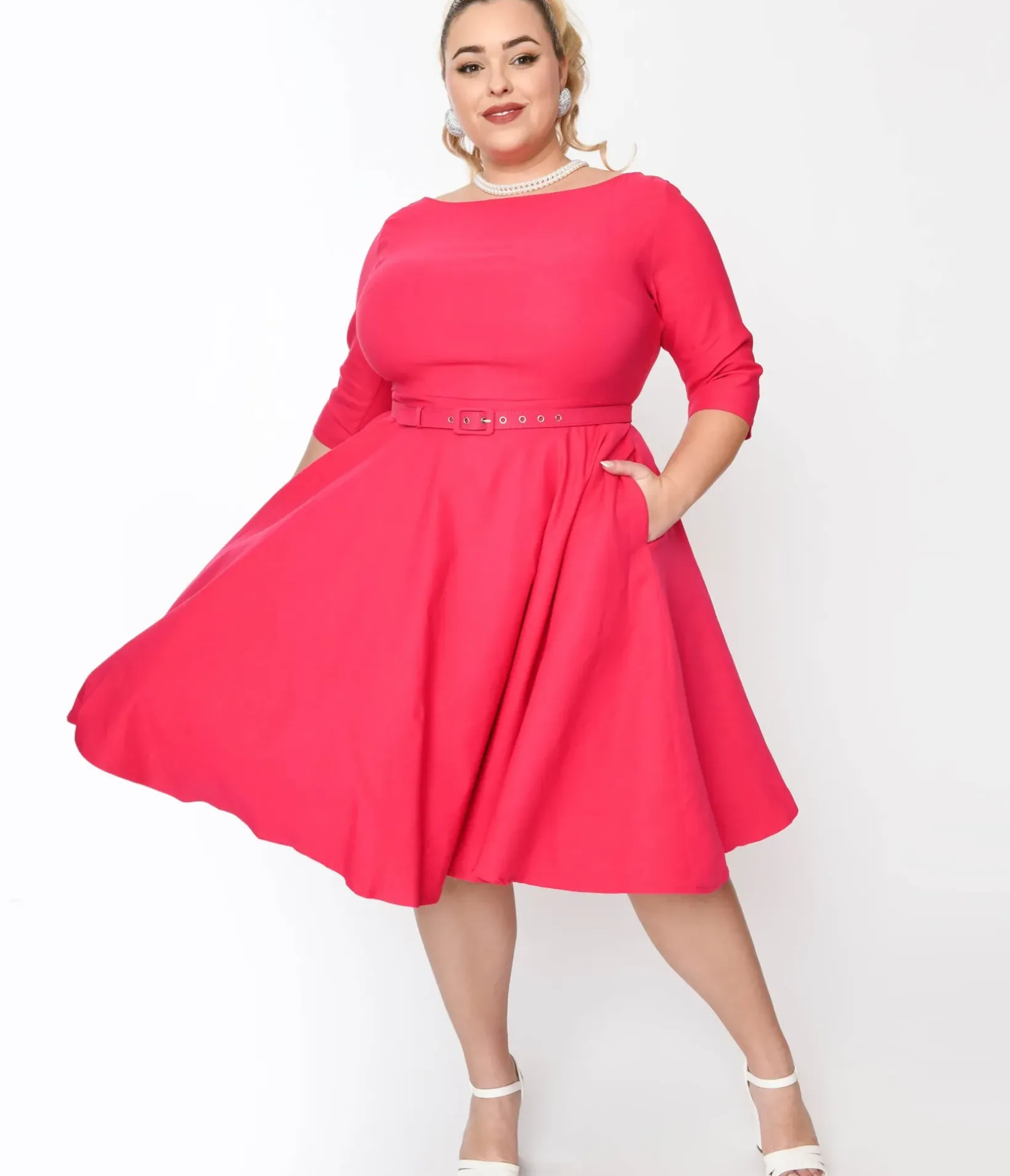 Unique Vintage Swing|Pocket Dresses>Plus Size Hot Pink Devon Swing Dress