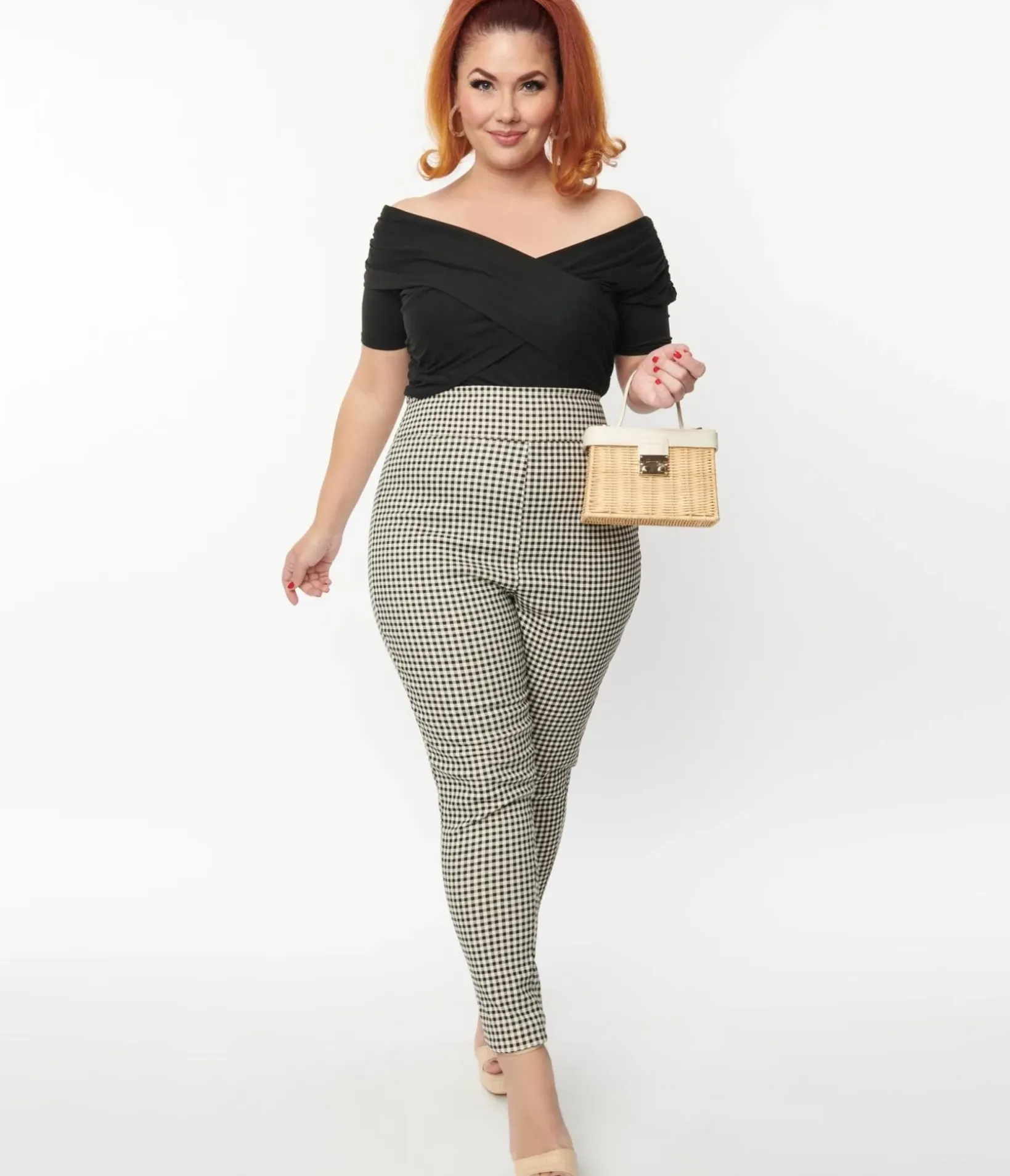 Unique Vintage Pants|Pants>Plus Size Ivory & Black Gingham Rizzo Cigarette Pants