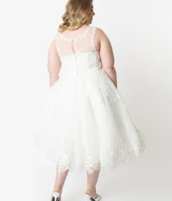 Unique Vintage Swing|Midi>Plus Size Ivory Lace & Tulle Riviera Bridal Dress