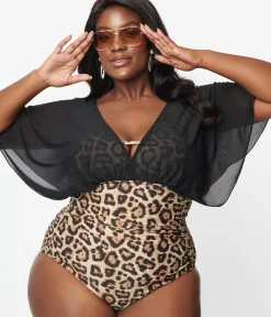 Unique Vintage One Piece Swim|One Piece Swim>Plus Size Leopard & Black Mesh Sleeved Torrey Swimsuit