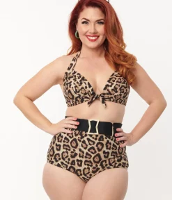 Unique Vintage Two Piece Swim|Swim Bottoms>Plus Size Leopard Print High Waist Belted Swim Bottom
